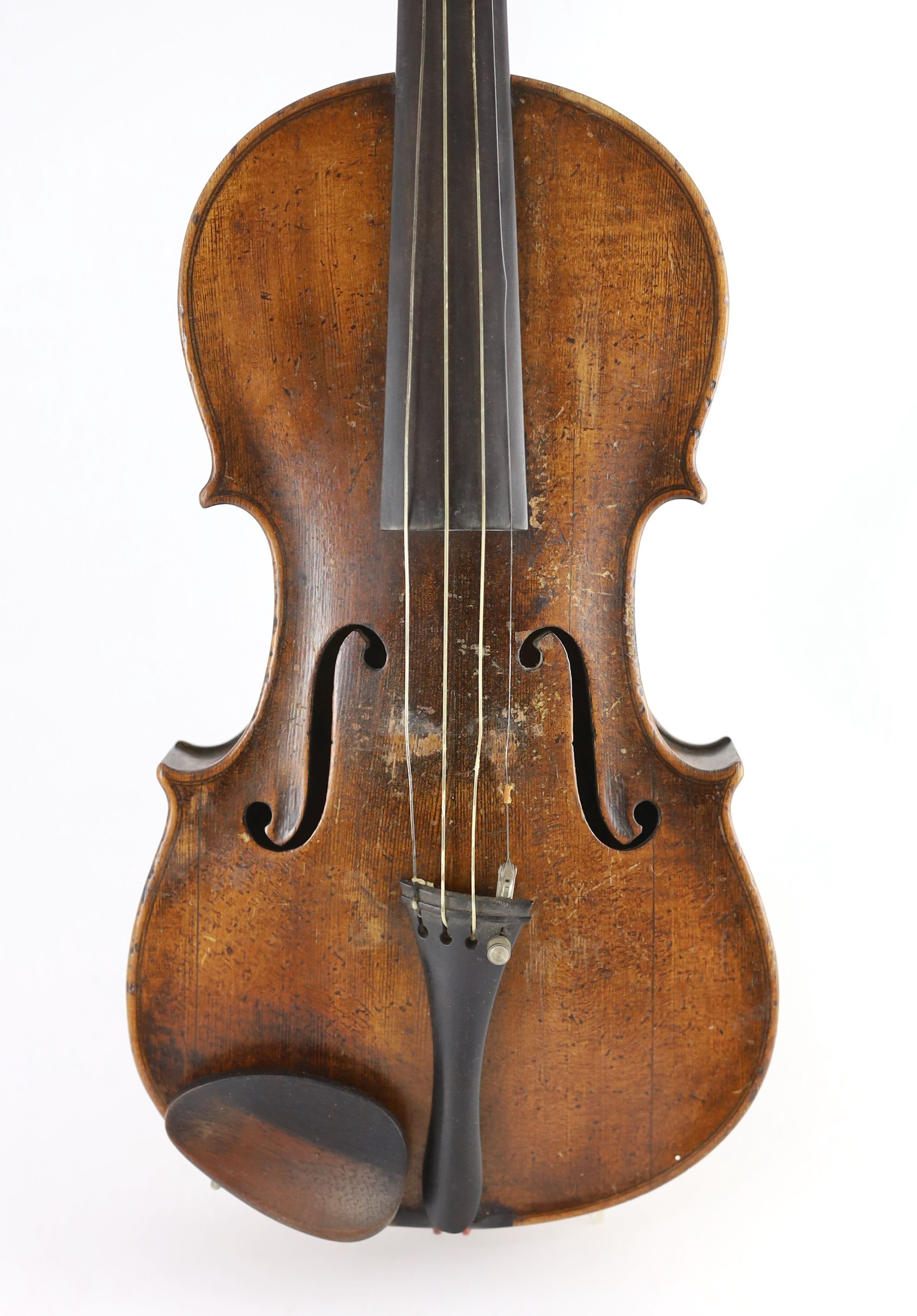 A 19th century violin, degraded internal paper label reads ‘Amati’, back measurement 36cm